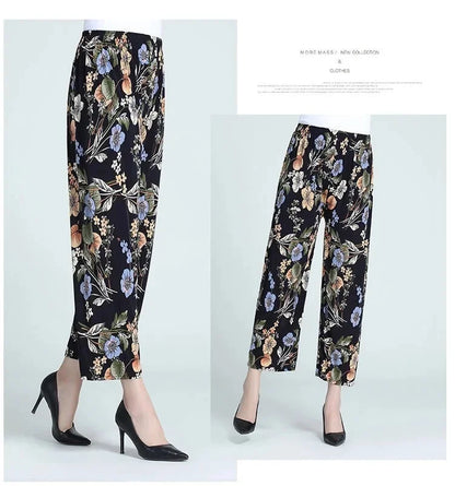 Summer Loose Ice Silk Women's Pants Elastic Waist Casual Bottoming Trousers Large Size Floral Print Comfortable Mom Pants