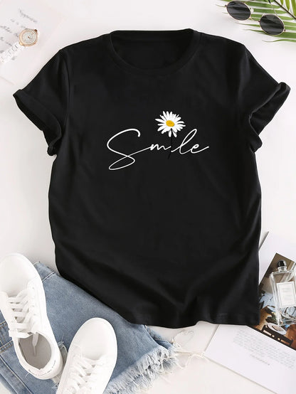 Flower & Letter Print Crew Neck T-Shirt, Casual Short Sleeve T-Shirt For Spring & Summer, Women's Clothing