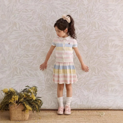 Girls Summer Dress Children's Stripe Short Sleeve Princess Skirt Set Casual Thin Material New 2025 Fashionable Kids Outfit