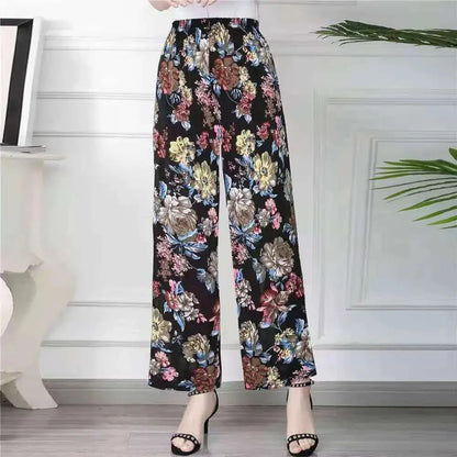 Summer Loose Ice Silk Women's Pants Elastic Waist Casual Bottoming Trousers Large Size Floral Print Comfortable Mom Pants