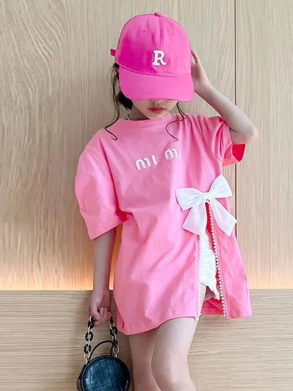 Chic Summer Street Style Mid-Length Girls' T-Shirt, Bow-embellished slit design Children tops for Tween Girl 3-12 Years