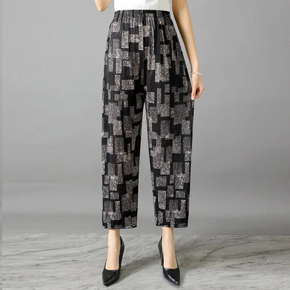 Summer Loose Ice Silk Women's Pants Elastic Waist Casual Bottoming Trousers Large Size Floral Print Comfortable Mom Pants