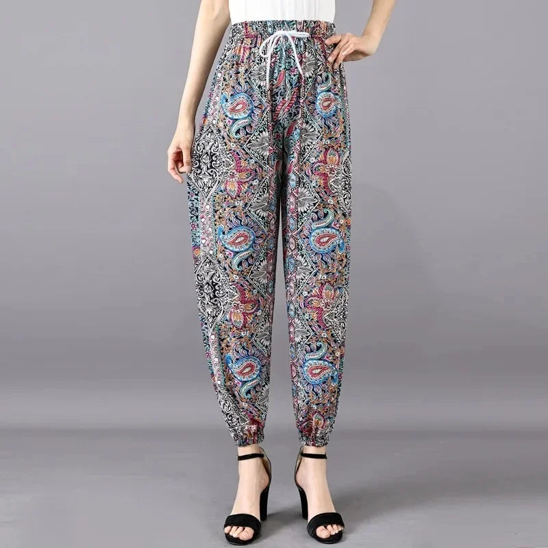 Summer Loose Ice Silk Women's Pants Elastic Waist Casual Bottoming Trousers Large Size Floral Print Comfortable Mom Pants