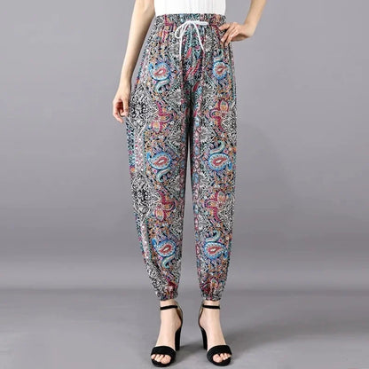 Summer Loose Ice Silk Women's Pants Elastic Waist Casual Bottoming Trousers Large Size Floral Print Comfortable Mom Pants