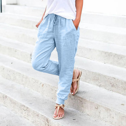 Casual Cotton Linen Pants For Women Drawstring Back Elastic Waist Casual Pants With Pockets Plus Size Solid Color Harem Trousers