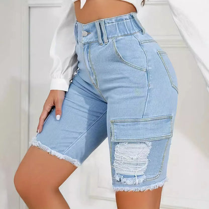 Ripped Distressed Denim Shorts Women Knee Length Shorts Holes Zipper Fly Mom Jeans Pockets Casual High Waist Spliced Summer