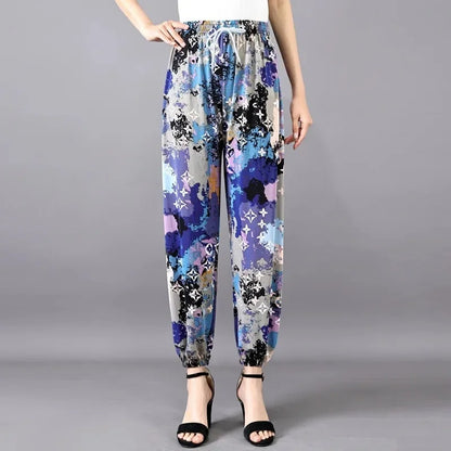 Summer Loose Ice Silk Women's Pants Elastic Waist Casual Bottoming Trousers Large Size Floral Print Comfortable Mom Pants