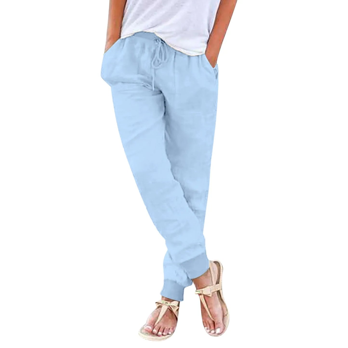 Casual Cotton Linen Pants For Women Drawstring Back Elastic Waist Casual Pants With Pockets Plus Size Solid Color Harem Trousers