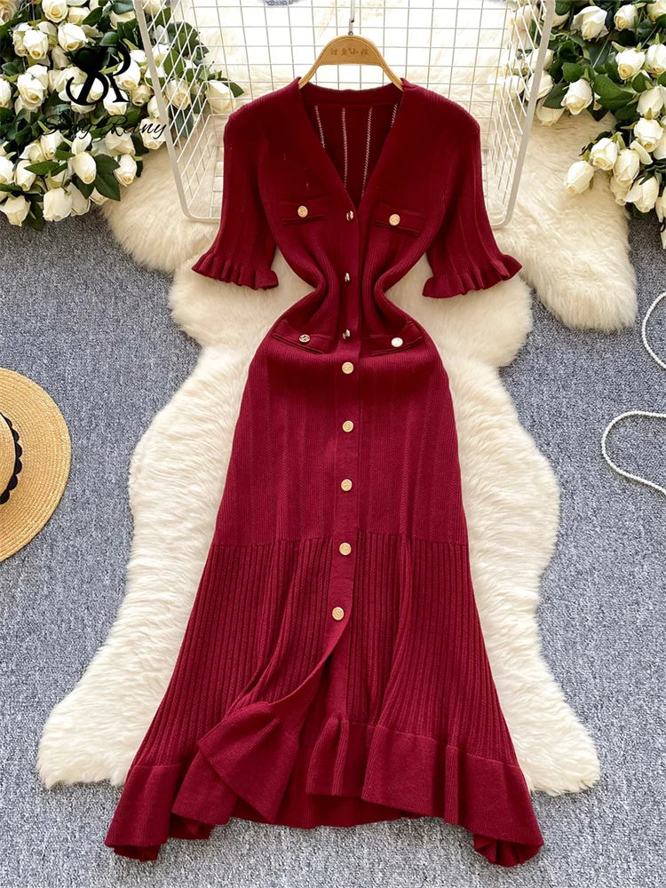 SINGREINY Summer OL Knit Dress 2025 Women V Neck Button Design Slim Mermaid Sundress Fashion Elastic Solid Bohemian Long Dress
