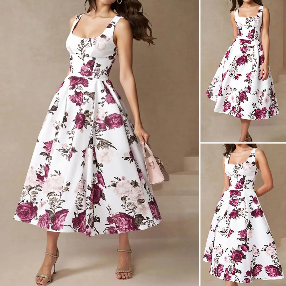Rafiah Boutique Women's Summer Long Dresses Decent Fashion Floral A-Line Sleeveless Square Neck Shift Dresses