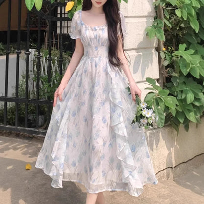Romantic Floral Chiffon Dress Women's Summer Large Size Waist-Cinching Slimming Fairy Long Dress French Style Square Collar