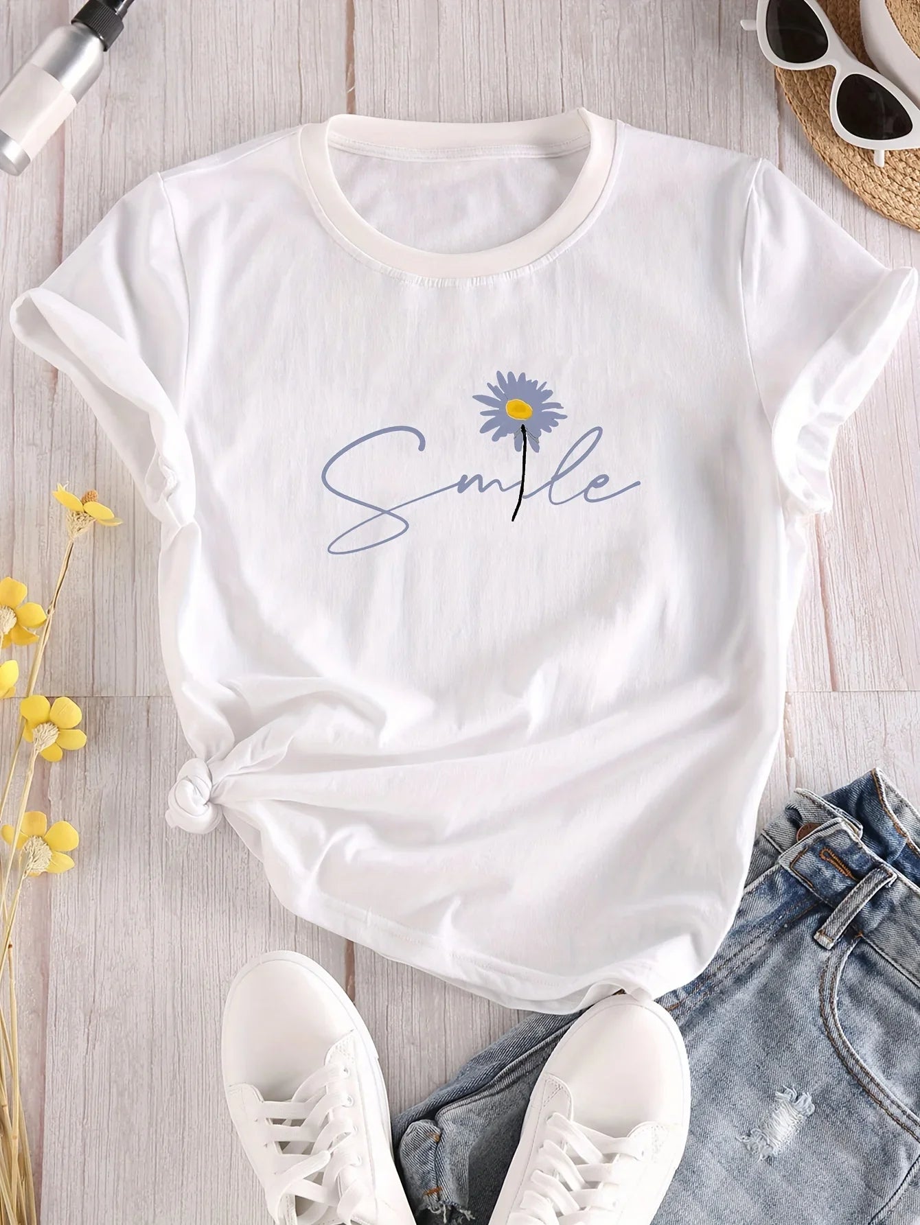 Flower & Letter Print Crew Neck T-Shirt, Casual Short Sleeve T-Shirt For Spring & Summer, Women's Clothing