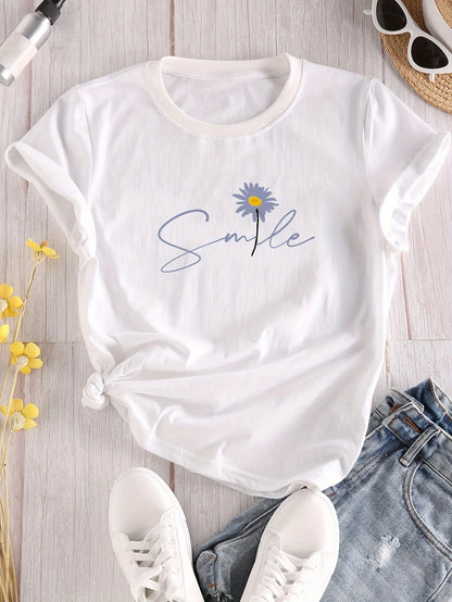 Flower & Letter Print Crew Neck T-Shirt, Casual Short Sleeve T-Shirt For Spring & Summer, Women's Clothing