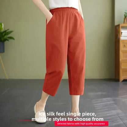 High Waist Ice Silk Sports Seven-Five Pants Casual Wide Leg Women's plus Size Loose Fit Summer Trousers Korean Style