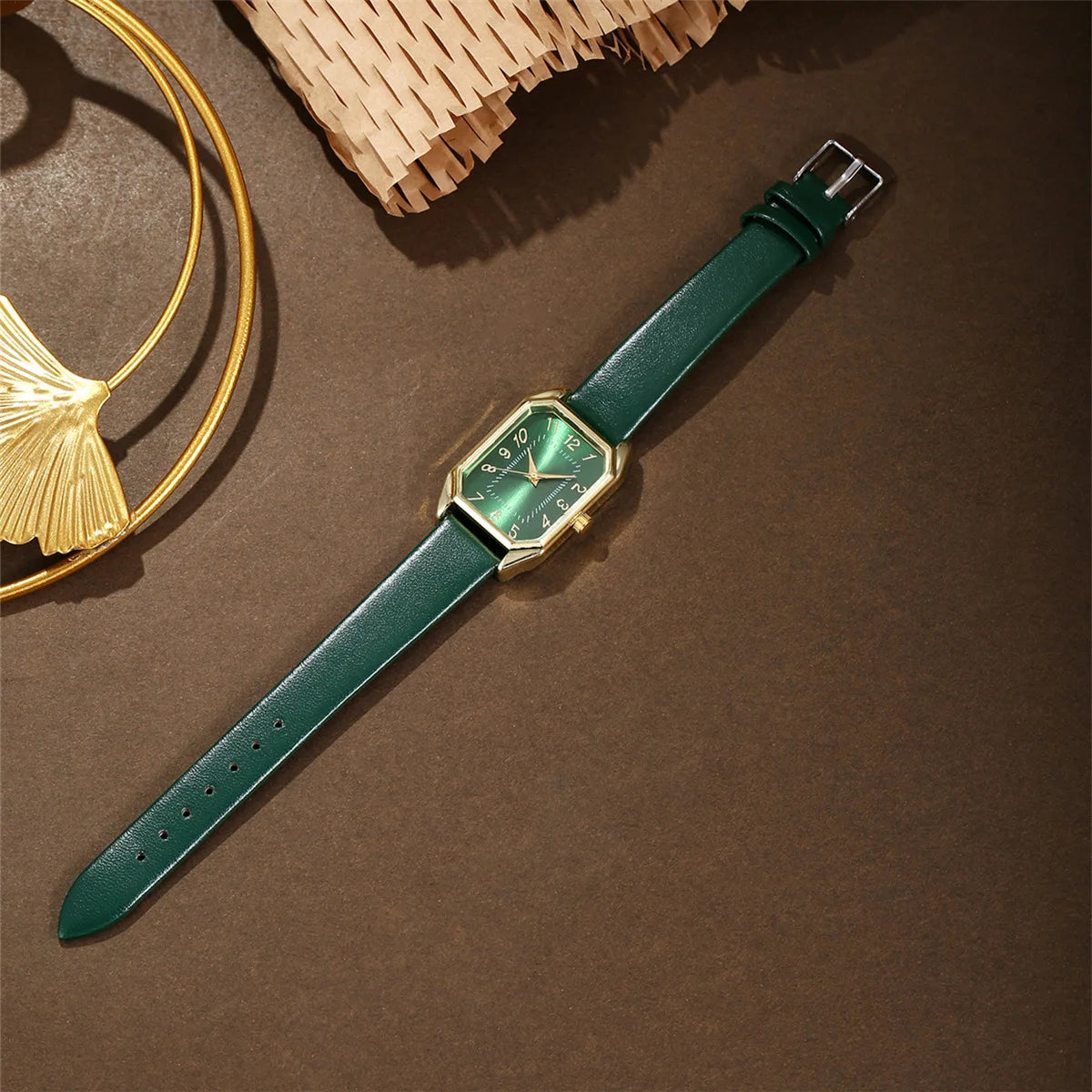 5/4/1PC Square Women Watches Set Leather Strap Ladies Quartz Wristwatch Ring Necklace Earrings Bracelet Jewelry Set Gift (No Box