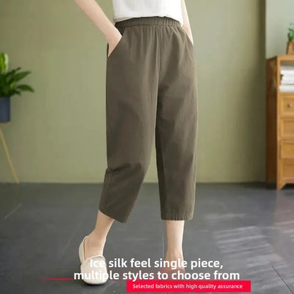 High Waist Ice Silk Sports Seven-Five Pants Casual Wide Leg Women's plus Size Loose Fit Summer Trousers Korean Style