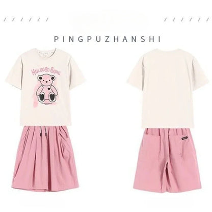 Summer Teenage Girl Clothes Kid Cartoon Bear T-Shirts Shorts Suit Children Girls Letter Short Sleeve Top and Bottom 2 Pieces Set