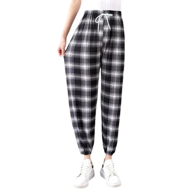 Summer Loose Ice Silk Women's Pants Elastic Waist Casual Bottoming Trousers Large Size Floral Print Comfortable Mom Pants
