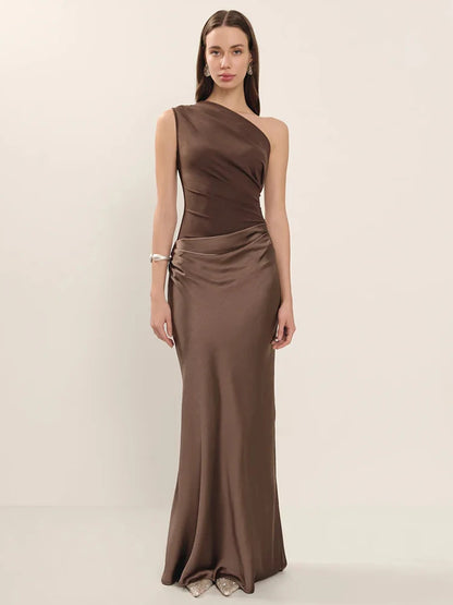 Mozision Satin Inclined Shoulder Sexy Maxi Dress Women Fashion Patchwork Sleeveless Backless Bodycon Evening Club Party Dress