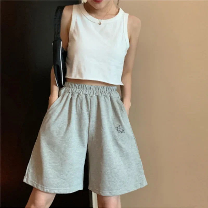 Women's Loose Waist Embroidered Shorts Summer High Waist Wide Leg Casual Five-Quarter Pants Fashionable Korean Style