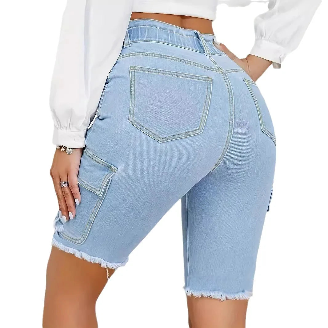 Ripped Distressed Denim Shorts Women Knee Length Shorts Holes Zipper Fly Mom Jeans Pockets Casual High Waist Spliced Summer