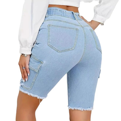 Ripped Distressed Denim Shorts Women Knee Length Shorts Holes Zipper Fly Mom Jeans Pockets Casual High Waist Spliced Summer