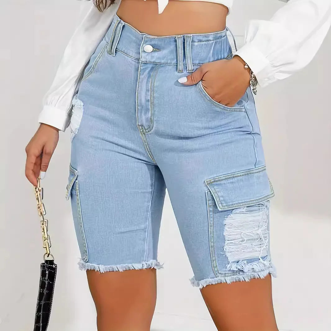 Ripped Distressed Denim Shorts Women Knee Length Shorts Holes Zipper Fly Mom Jeans Pockets Casual High Waist Spliced Summer