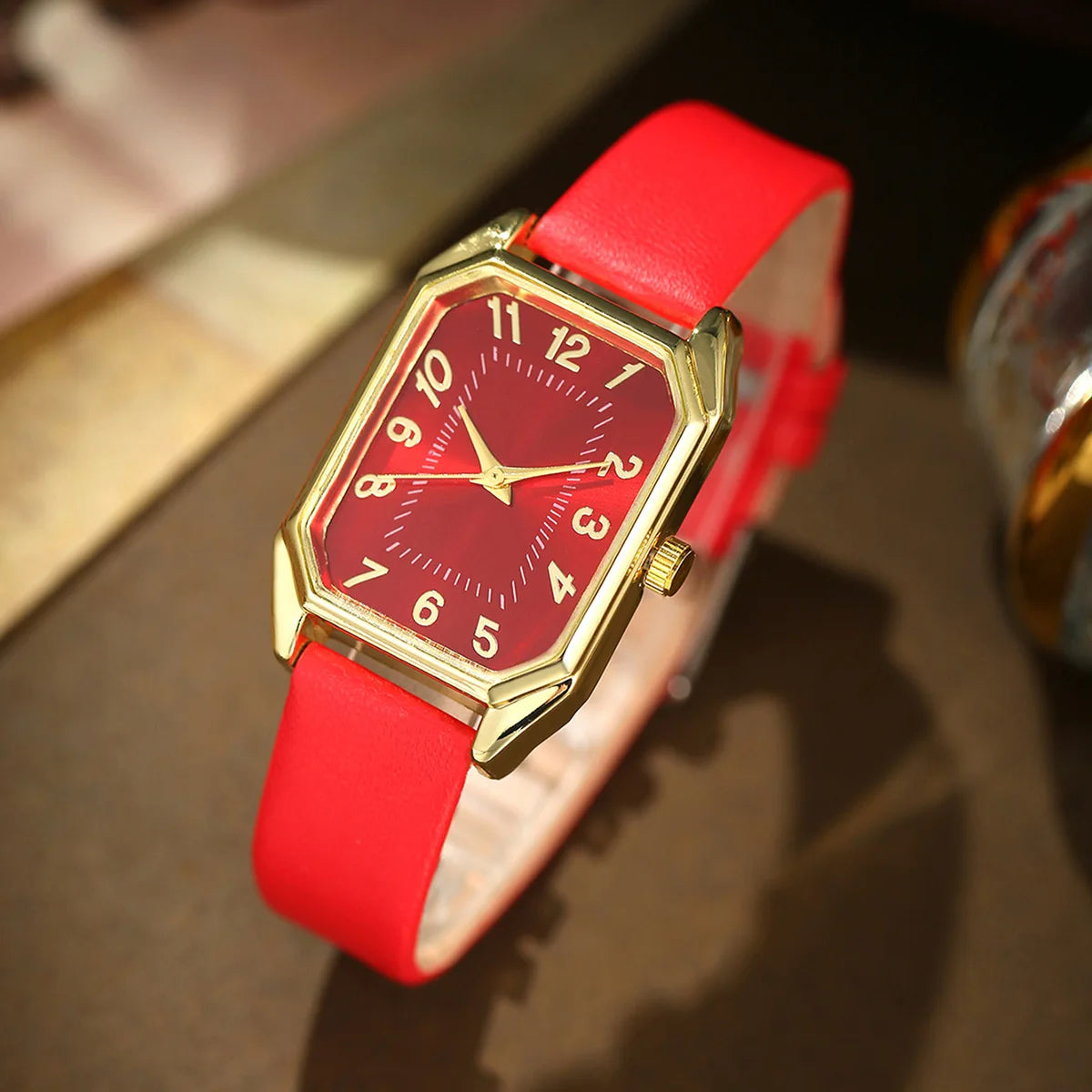 5/4/1PC Square Women Watches Set Leather Strap Ladies Quartz Wristwatch Ring Necklace Earrings Bracelet Jewelry Set Gift (No Box