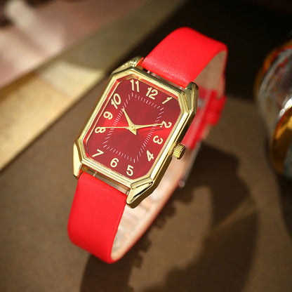 5/4/1PC Square Women Watches Set Leather Strap Ladies Quartz Wristwatch Ring Necklace Earrings Bracelet Jewelry Set Gift (No Box