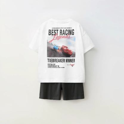 Cartoon Car Tshirt+shorts 2pcs Kids Boys Trendy Round Neck Tees Thin Casual Loose Shorts Short Sleeve Tracksuits For Children