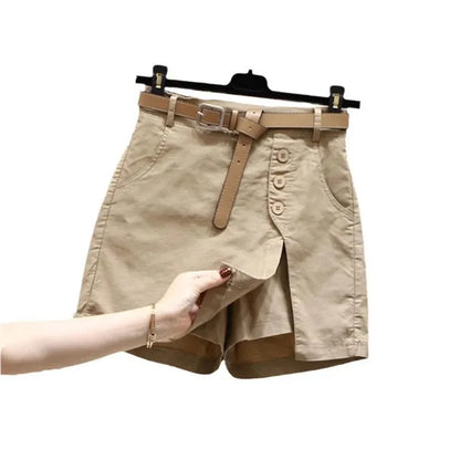 Shorts Women 2025 New belt cotton summer solid color button high-waisted double-deck Women's Shorts clothing