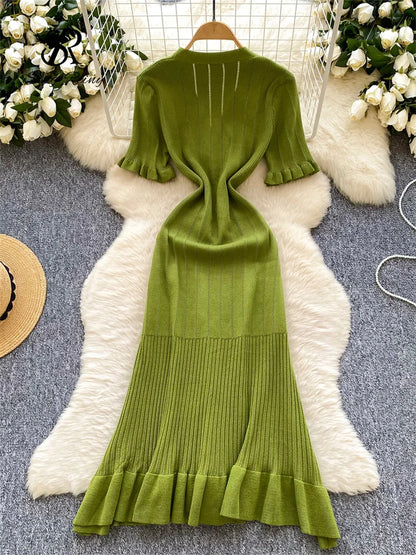 SINGREINY Summer OL Knit Dress 2025 Women V Neck Button Design Slim Mermaid Sundress Fashion Elastic Solid Bohemian Long Dress