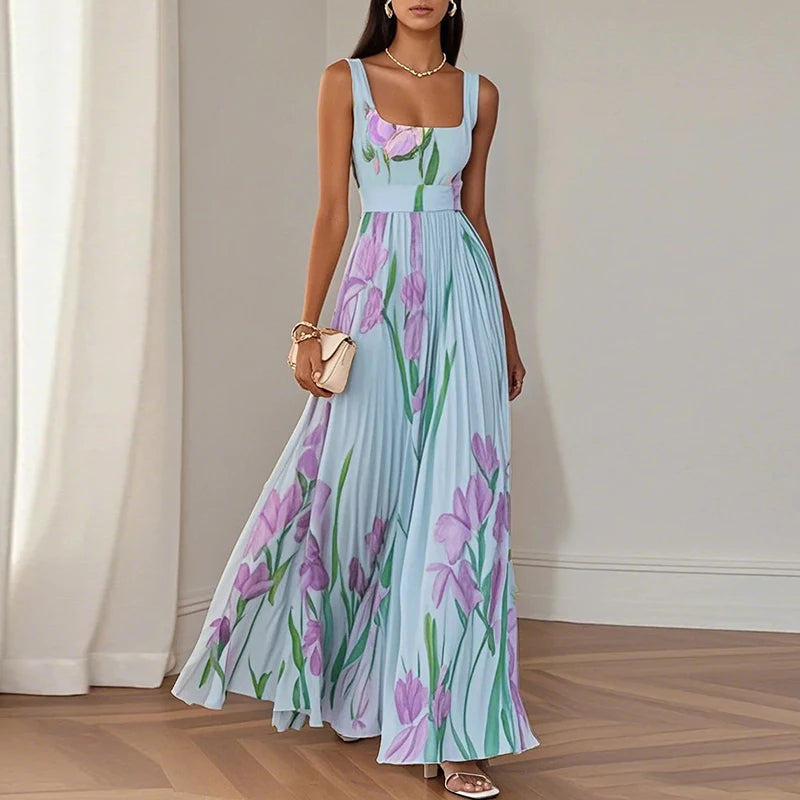 New Women's Sleeveless Straps Summer Dress Elegant Floral Print Pleated Long Dresses Spring Square Collar High Waist Party Dress
