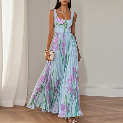 New Women's Sleeveless Straps Summer Dress Elegant Floral Print Pleated Long Dresses Spring Square Collar High Waist Party Dress