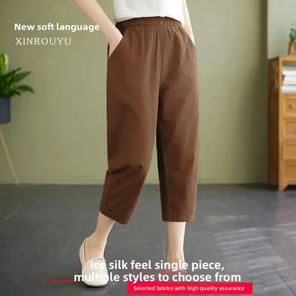 High Waist Ice Silk Sports Seven-Five Pants Casual Wide Leg Women's plus Size Loose Fit Summer Trousers Korean Style