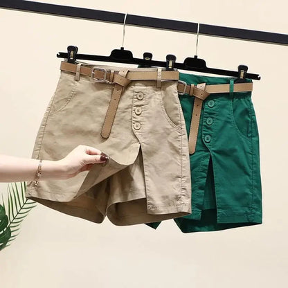 Shorts Women 2025 New belt cotton summer solid color button high-waisted double-deck Women's Shorts clothing