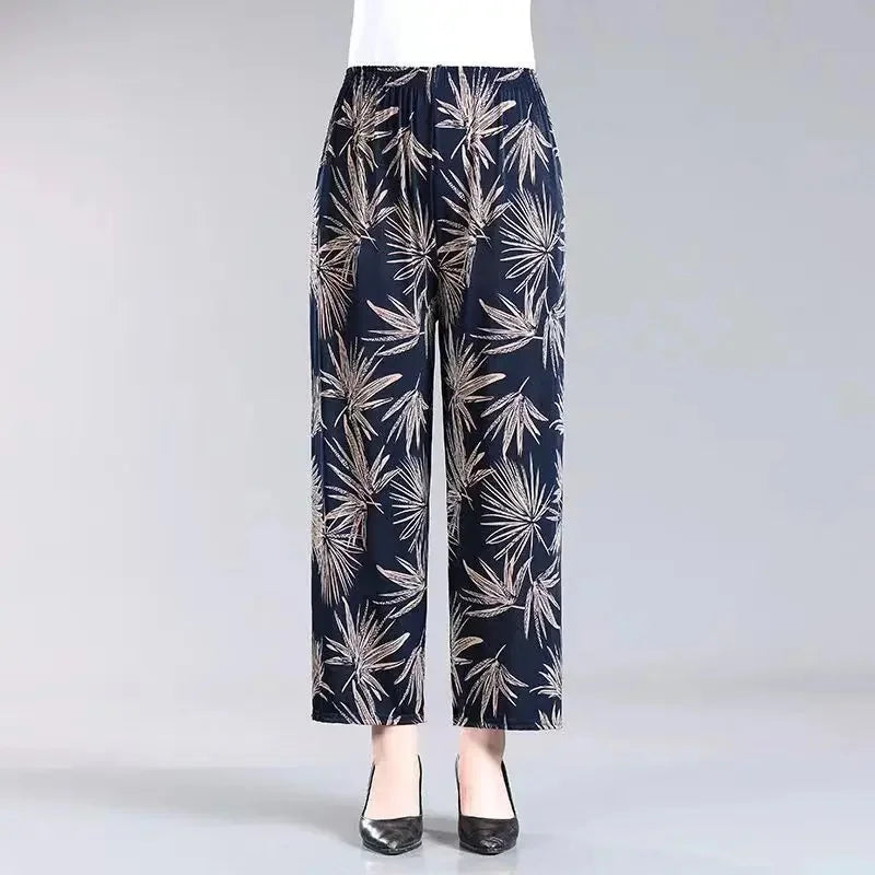 Summer Loose Ice Silk Women's Pants Elastic Waist Casual Bottoming Trousers Large Size Floral Print Comfortable Mom Pants