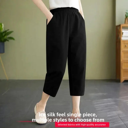 High Waist Ice Silk Sports Seven-Five Pants Casual Wide Leg Women's plus Size Loose Fit Summer Trousers Korean Style