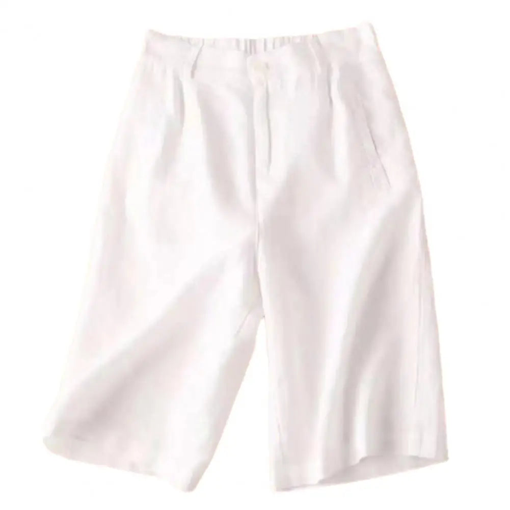 Cotton Linen Women Suit Shorts Elastic Waistband Women Shorts High Waist Straight Wide Leg A Line Work Shorts Casual Short Pants