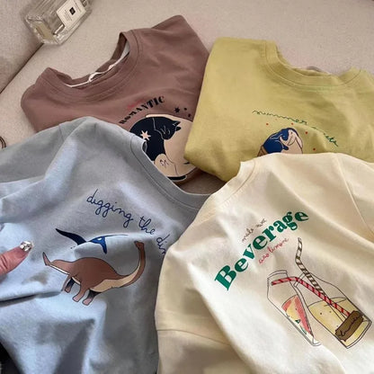 2024 Children's Cotton Short Sleeve Top Cartoon Printed Half Sleeve Summer New Style For Middle Small Kids Kidswear T-shirt