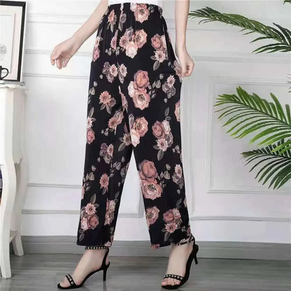 Summer Loose Ice Silk Women's Pants Elastic Waist Casual Bottoming Trousers Large Size Floral Print Comfortable Mom Pants