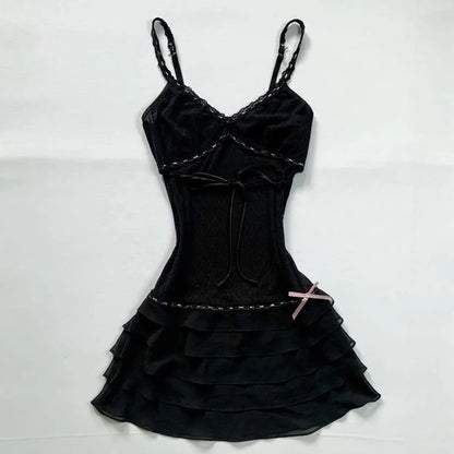 Harajuku Retro Y2K E-Girl Casual Dress Sexy Slim Chic Graphic Print Lace-Up Halter Neck Dresses Goth Grunge Fairycore Streetwear