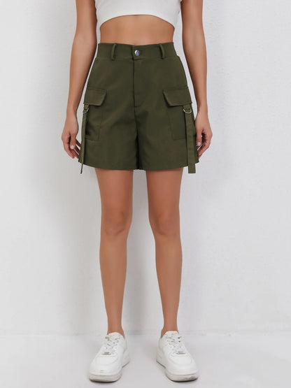 Women's High-Waist Slimming Cargo Shorts with Dual Side Pockets and Flowing Straps