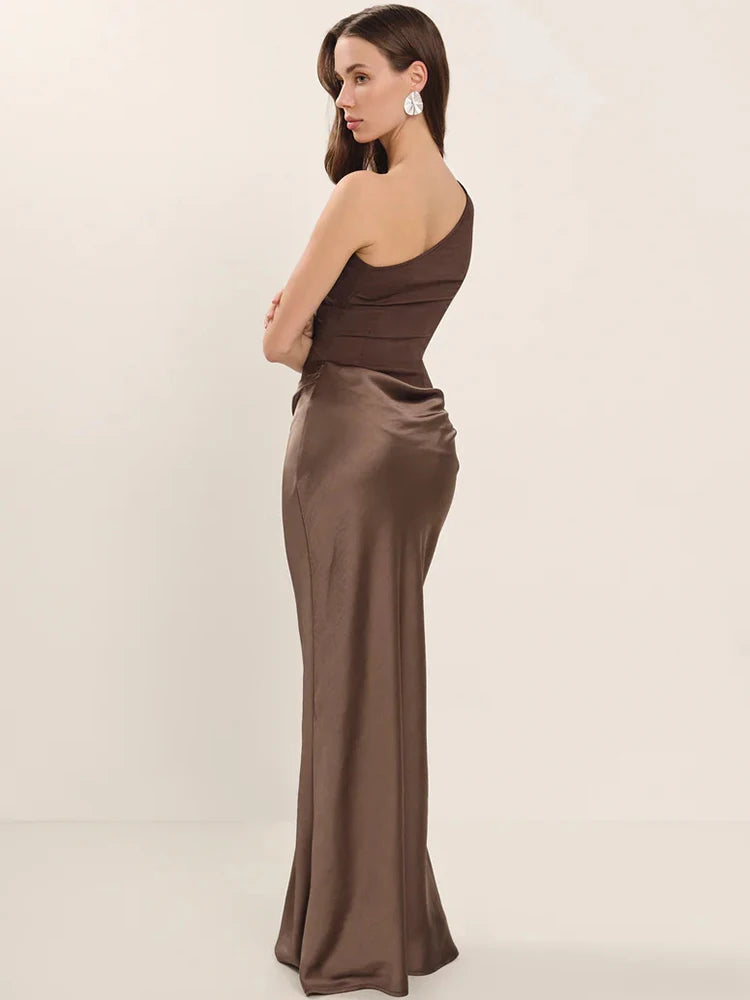 Mozision Satin Inclined Shoulder Sexy Maxi Dress Women Fashion Patchwork Sleeveless Backless Bodycon Evening Club Party Dress