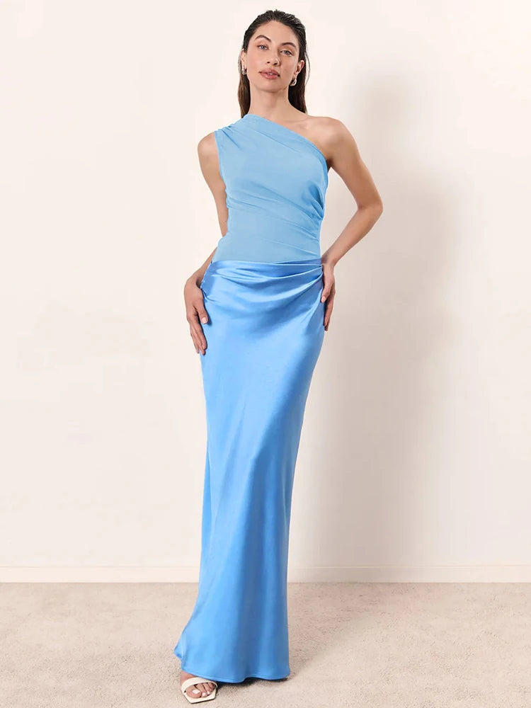 Mozision Satin Inclined Shoulder Sexy Maxi Dress Women Fashion Patchwork Sleeveless Backless Bodycon Evening Club Party Dress