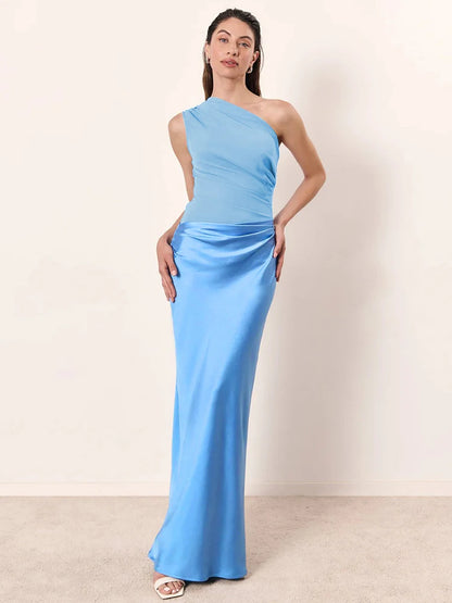 Mozision Satin Inclined Shoulder Sexy Maxi Dress Women Fashion Patchwork Sleeveless Backless Bodycon Evening Club Party Dress