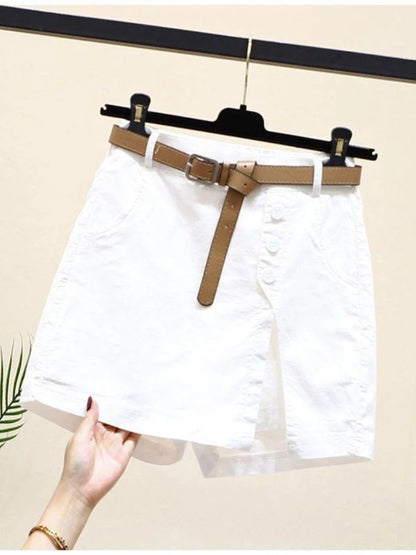 Shorts Women 2025 New belt cotton summer solid color button high-waisted double-deck Women's Shorts clothing