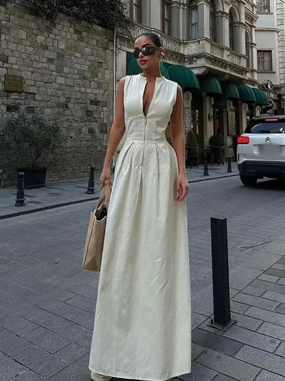 Women Elegant O Neck Bodycon Vestidos 2024 Summer New Office Ladies Party Robes Fashion Sleeveless High Waist Zipper Maxi Dress