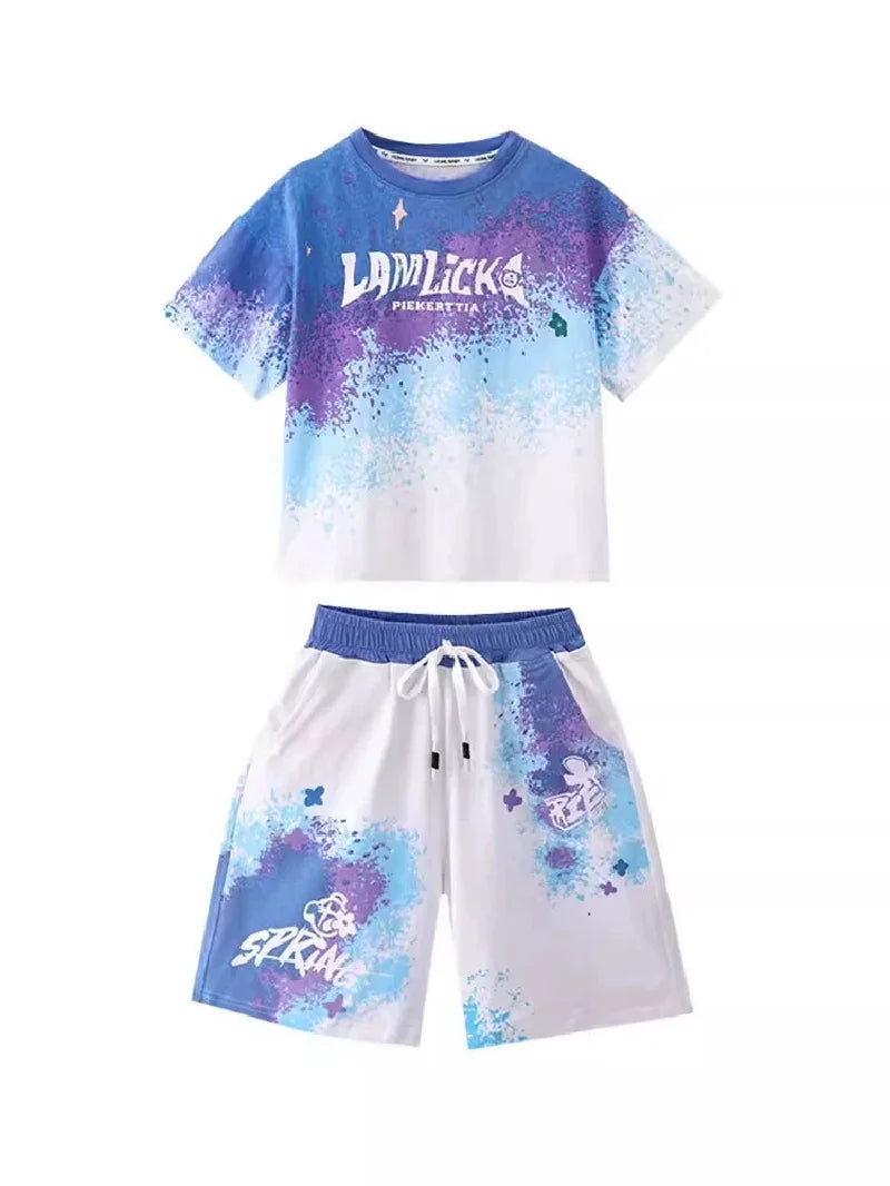 Boys Loose Casual Sets Summer Teen Gradient T-shirts+Shorts 2Pcs Big Kids Sport Short Sleeve Clothes Suits Children Print Outfit