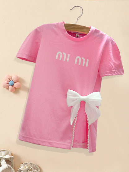 Chic Summer Street Style Mid-Length Girls' T-Shirt, Bow-embellished slit design Children tops for Tween Girl 3-12 Years